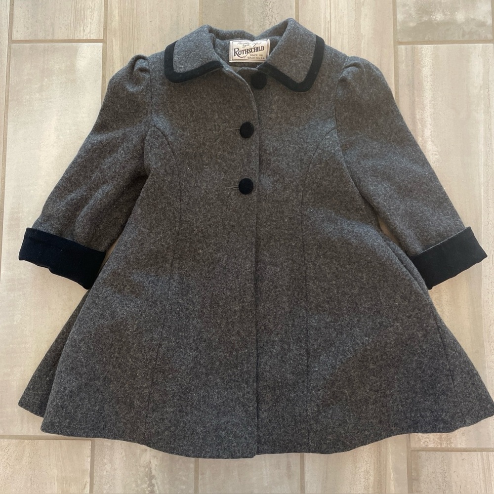 Vintage Rothschild Girls Wool Coat Gray Black Bow Back Size 4 Made in USA 80's